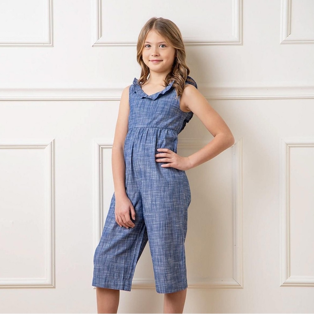 Hope & Henry Ruffle Neck Organic Jumpsuit - Chambray